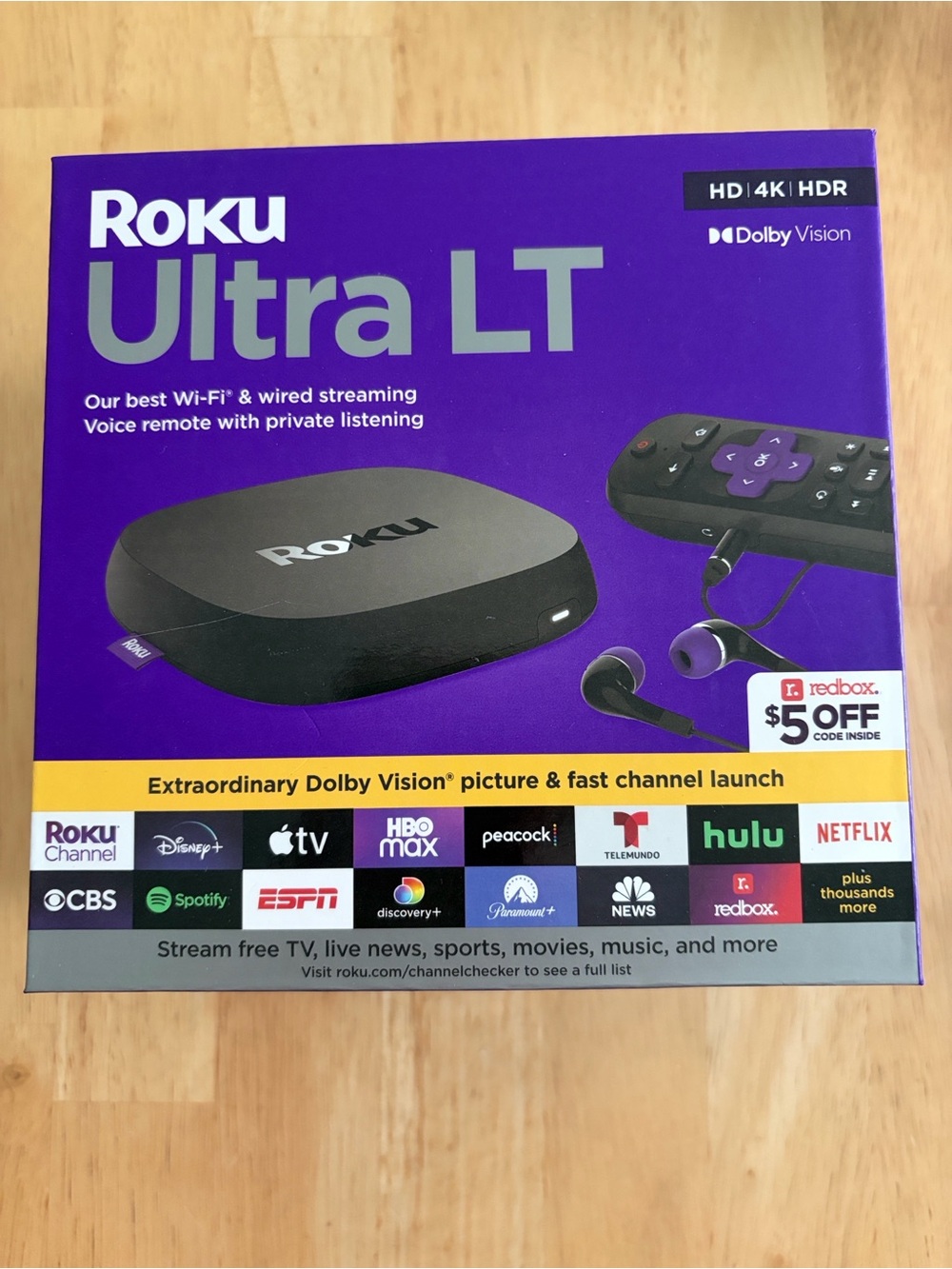 Roku Box with White Label on Purple Packaging